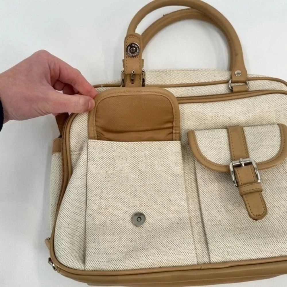 Vintage Faux Canvas Organizer Satchel Bag‎ Tan Cream Multi Pocket Briefcase
